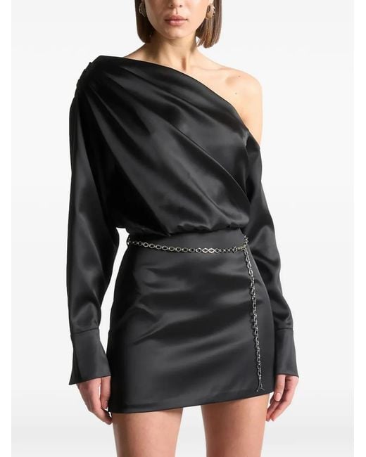 Manière De Voir Black One-Shoulder Draped Chain-Belt Satin Mini Dress