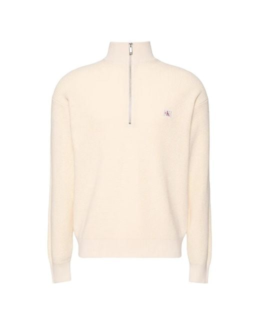 Calvin Klein White Logo-Patch Zip-Neck Sweater for men