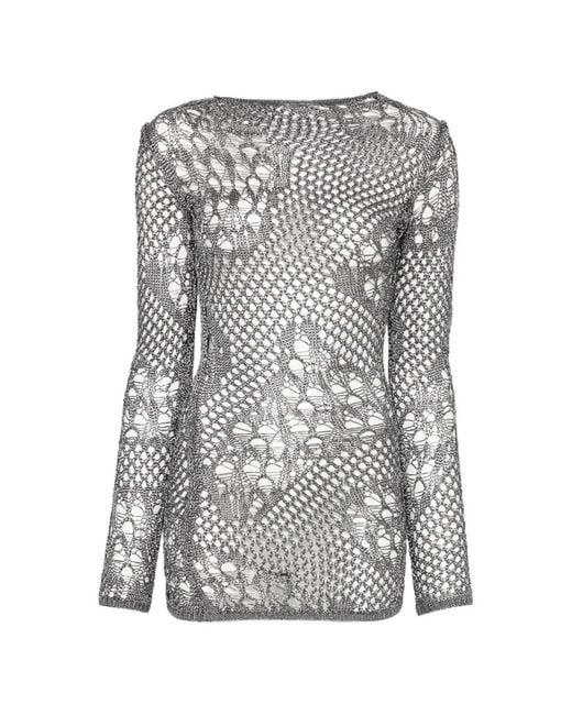 Dondup Gray Open-Knit Long-Sleeve Mini Dress