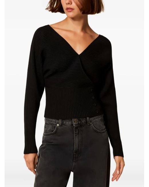Twinset Ribgebreide Trui Met Gekruiste Voorkant in het Black