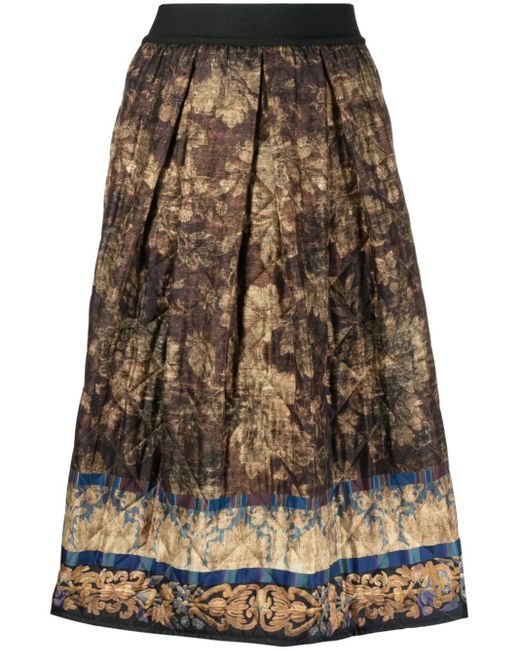 Pierre Louis Mascia Brown Mix-Print Pleated Midi Skirt