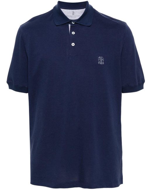 Brunello Cucinelli Pikee-Poloshirt mit Logo-Print in Blue für Herren