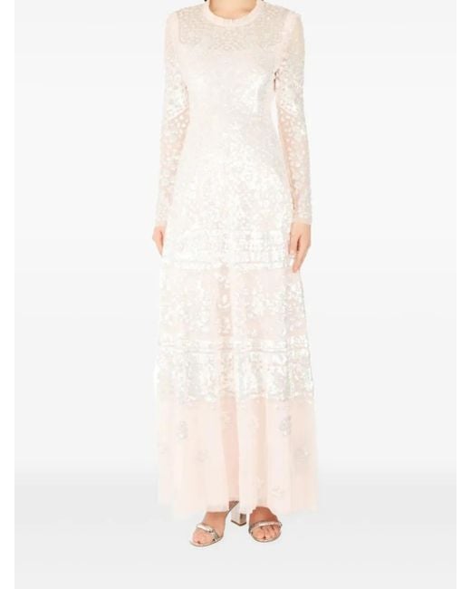 Needle & Thread White Aurora Sequin-Embellished Long-Sleeved Gown