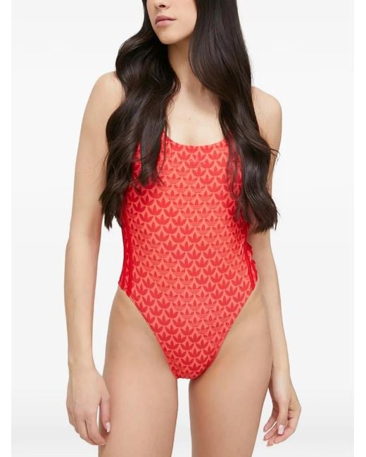 Adidas Red Logo-Motif One-Piece Swimsuit