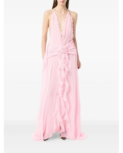 Blumarine Pink Rose-Embellished Ruffled Maxi Dress