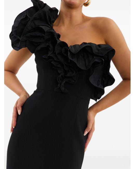 Rebecca Vallance Black Ella One-Shoulder Ruffled Gown