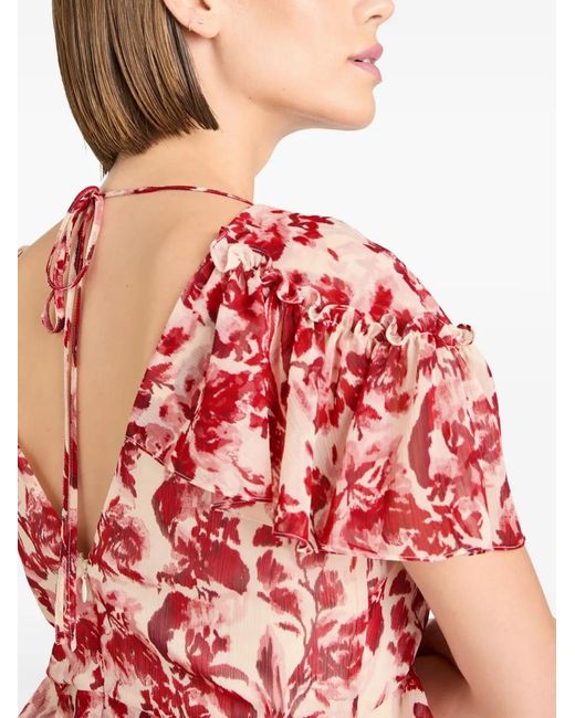 Cinq À Sept Red Floral Ruffled Midi Dress