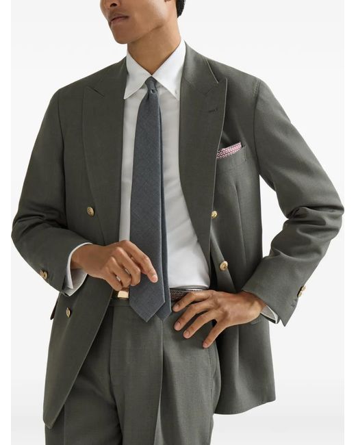 Brunello Cucinelli Green Virgin Wool Canvas One-And-A-Half Breasted Deconstructed Blazer With Metal Buttons for men