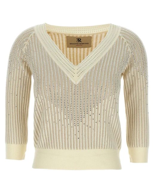 Ermanno Scervino Natural Rhinestone-Embellished Cotton Sweater