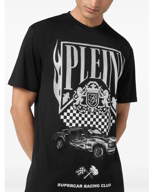Philipp Plein Black Strass Flame Racing T-Shirt for men