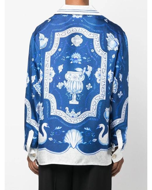 Casablanca Blue Embroidered Button-Down Silk Shirt for men