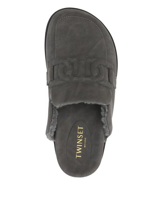 Twinset Gray Shearling-Lined Buckle-Detail Slippers