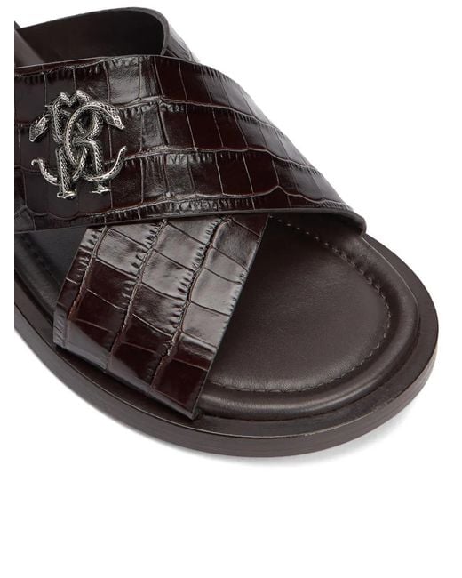 Roberto Cavalli Brown Crocodile-Effect Logo Sandals for men