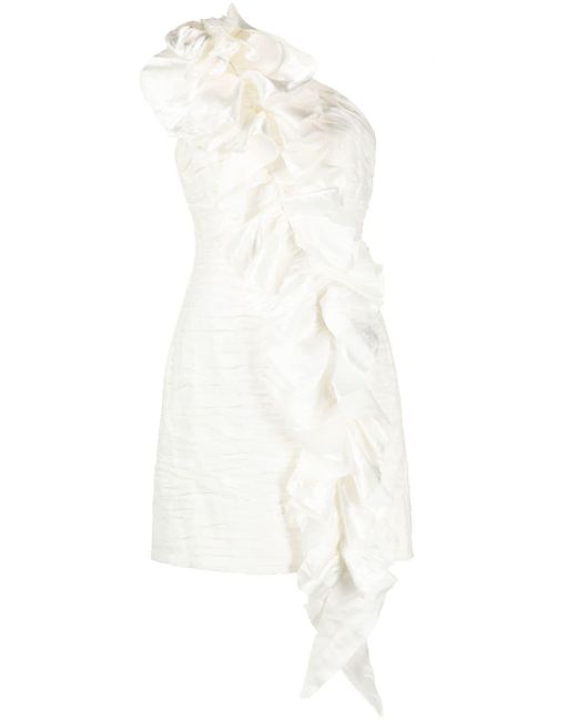 Aje. White Adelia One-shoulder Ruffled Dupioni-trimmed Linen-blend Mini Dress