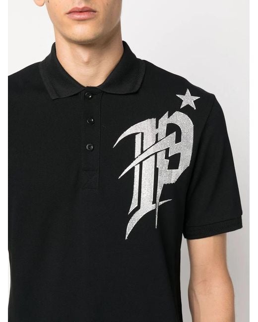 Philipp Plein Black Logo-Print Polo Shirt for men