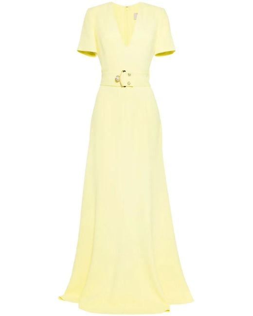Vestido de fiesta con cinturón y cuello en V Elie Saab de color Yellow