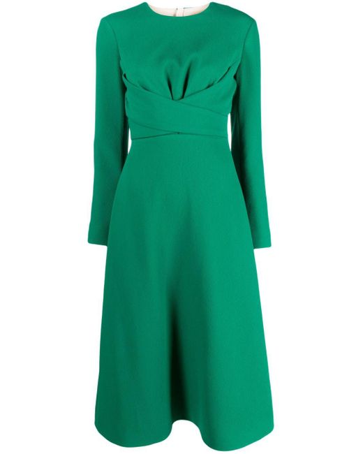 Emilia Wickstead Green Elta Wrap Front Long Sleeve Double Crepe Midi Dress