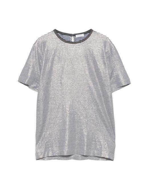 Brunello Cucinelli Gray Striped Linen T-Shirt