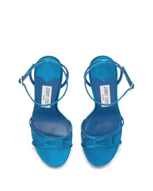 Jimmy Choo Blue Leo 100 Lagoon Satin Sandals With Ankle Strap