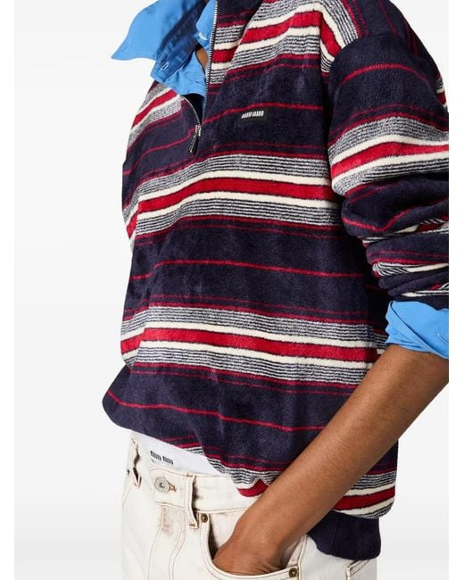 Miu Miu Gestreepte Chenille Trui Met Halve Rits in het Blue