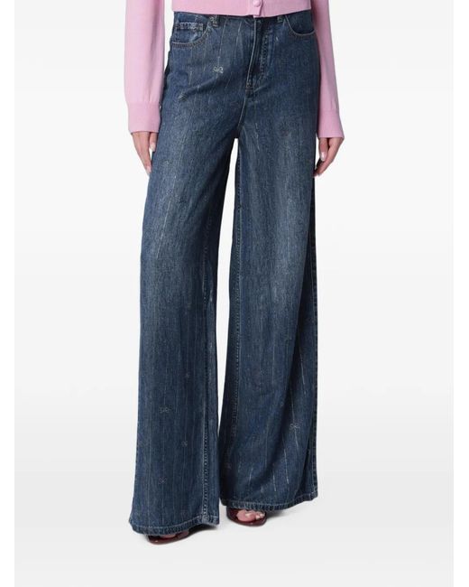 Self-Portrait Blue Rhinestone-Embellished Bow-Print Jeans