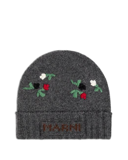 Marni Black Floral-Embroidered Beanie Hat for men