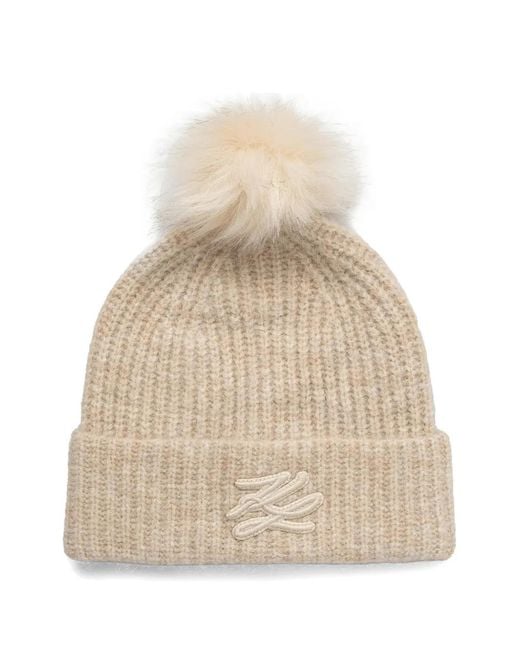Karl Lagerfeld Natural Pompom Embroidered Beanie Hat