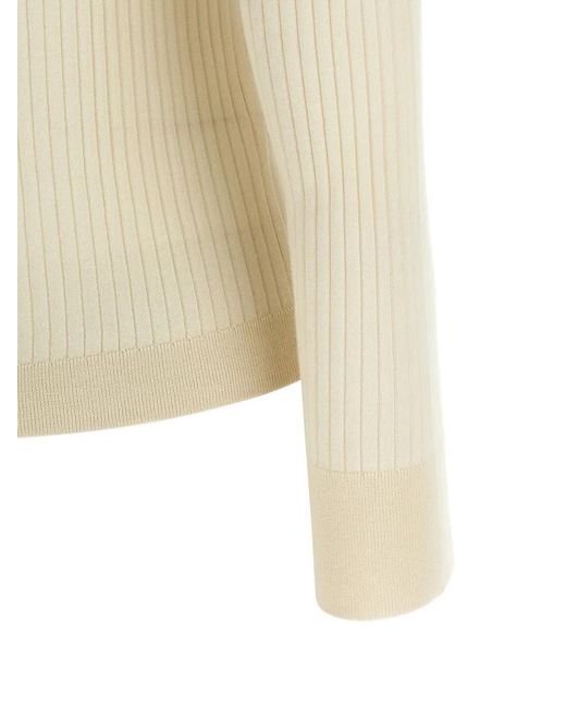 Max Mara White Ribbed Button Polo Top