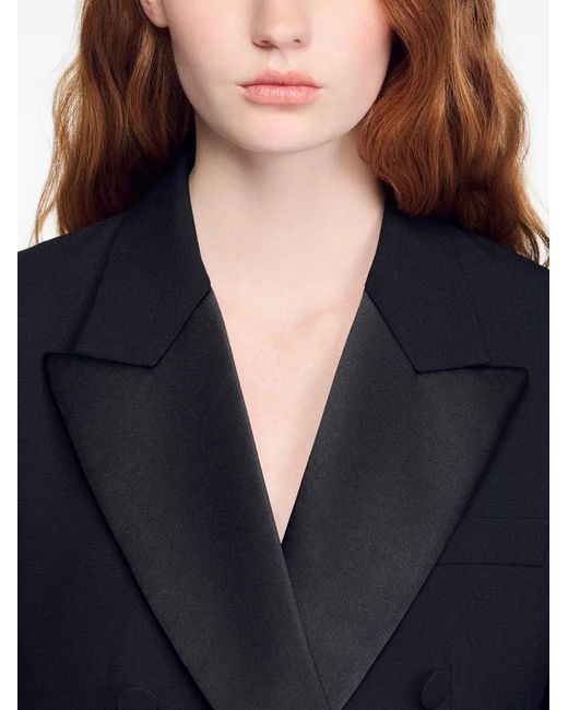 Sandro Black Satin-Lapel Double-Breasted Blazer