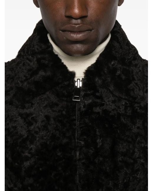 P.A.R.O.S.H. Black Lamb-Fur Zip-Up Bomber Jacket