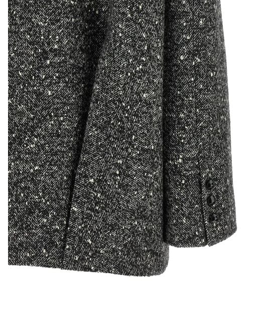 Valentino Garavani Gray Single-Breasted Chevron Bouclé Caban With Shearling