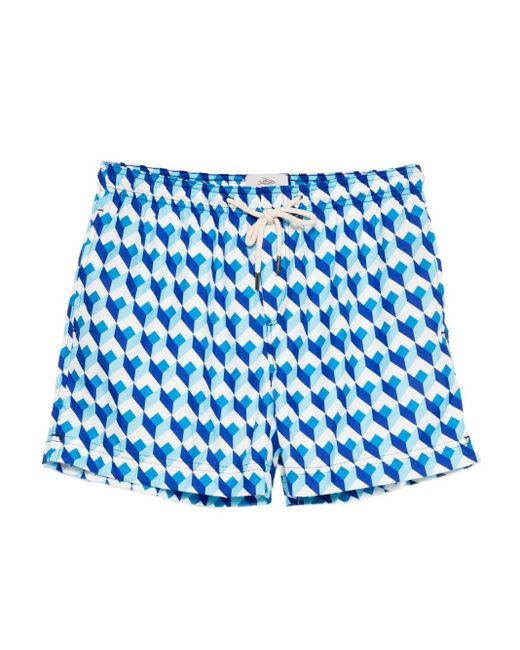 Peninsula Blue Geometric-Print Swim Shorts for men