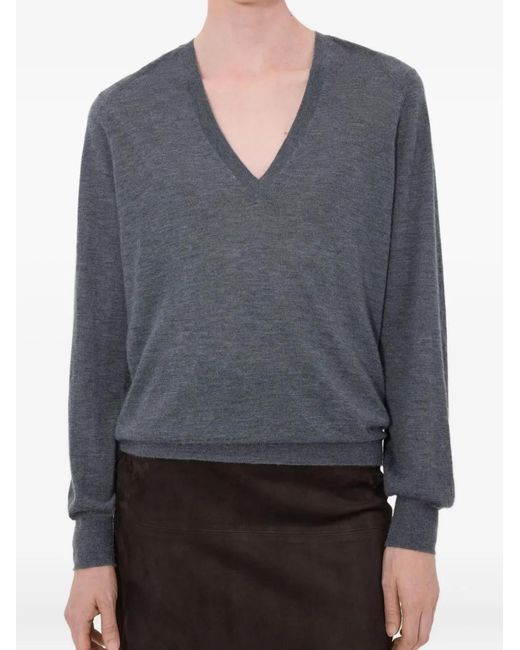 Loulou de Saison Gray Juliolds V-Neck Ribbed Sweater