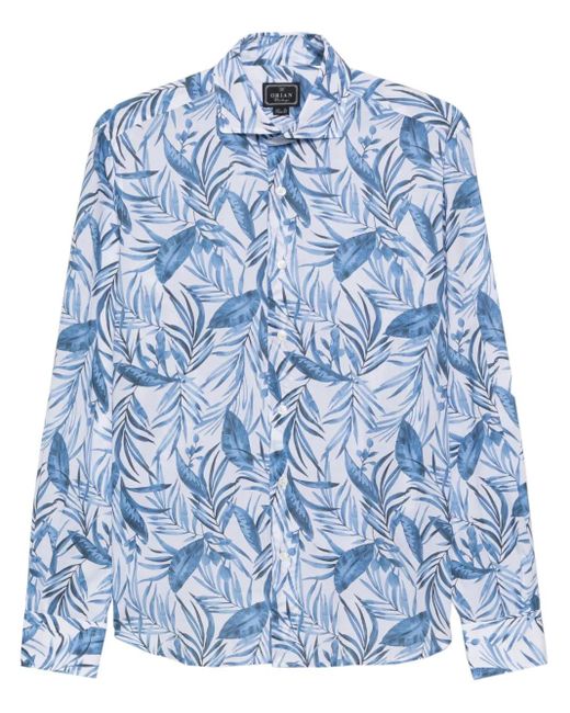 Orian Blue Leaf-Print Cotton Shirt for men