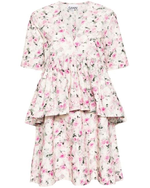 Ganni Pink Floral-print Ruffled Dress