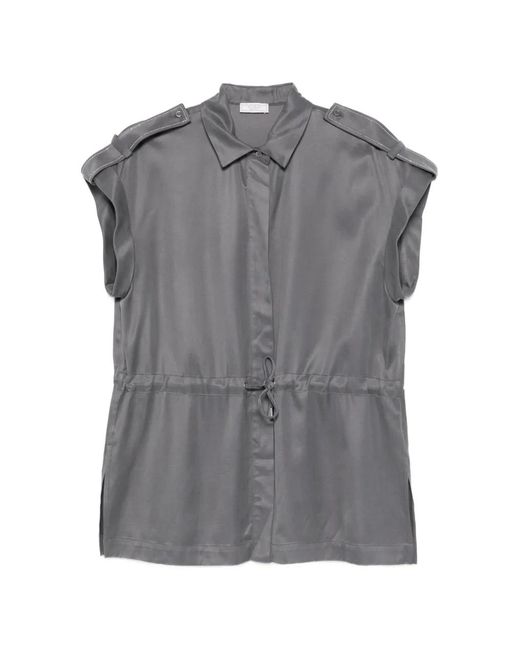 Peserico Blouse Met Trekkoordtaille En Korte Mouwen in het Gray