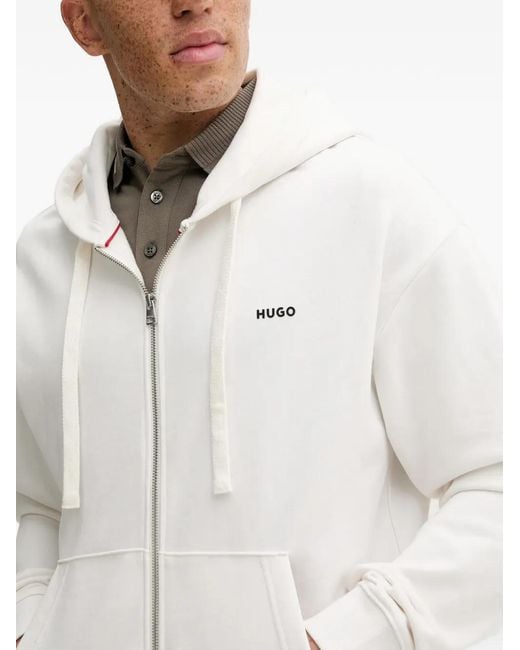 HUGO White Zip Hooded Logo Printed Hoodie for men