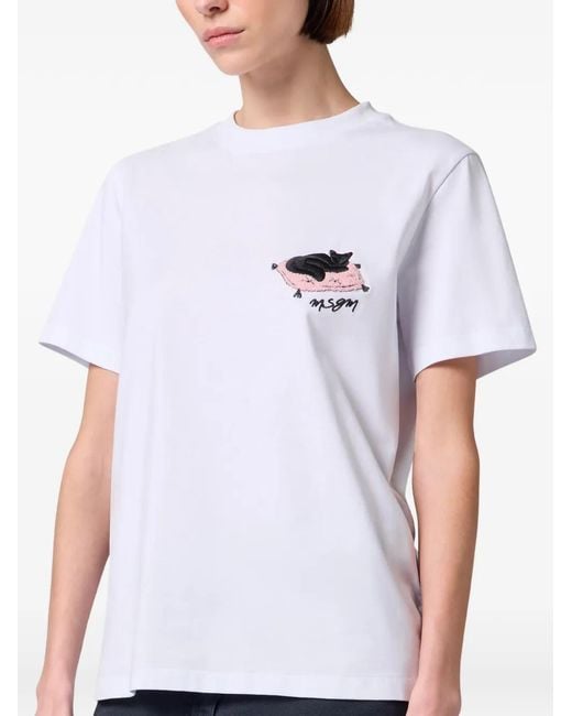 MSGM White Embroidered Cat T-Shirt