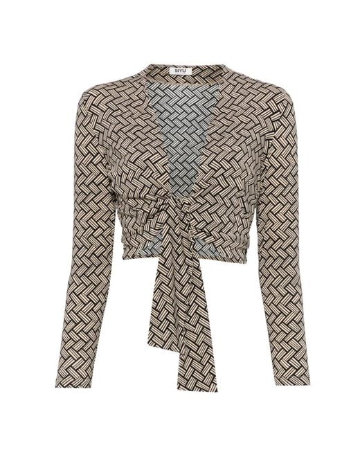 Siyu White Geometric-Pattern Tie-Front Blouse