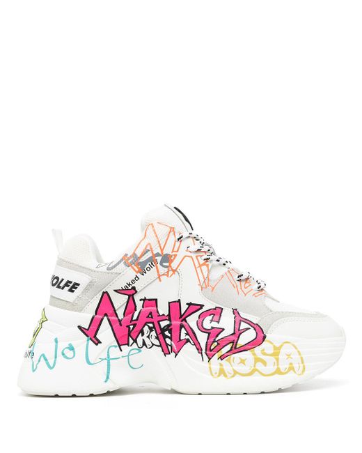 Naked Wolfe White Track Graffiti-print Sneakers