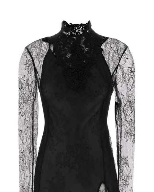 Blumarine Lace Mock-Neck Midi Dress in Black | Lyst