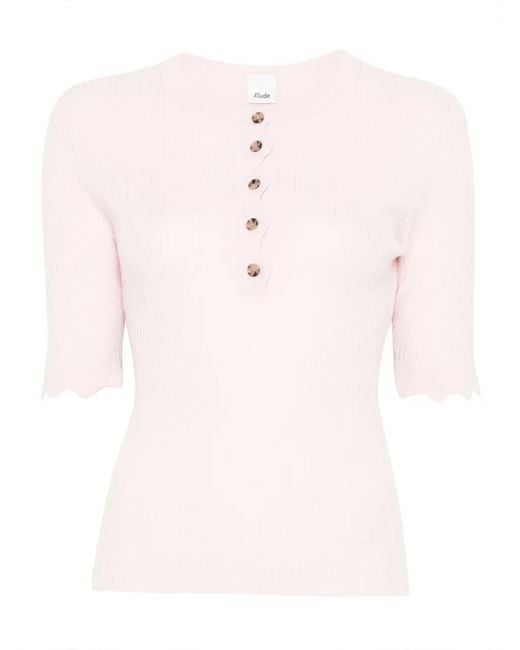 Allude Pink Button-Fastening Ribbed Top