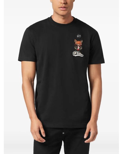 Philipp Plein Black Fox-Patch T-Shirt for men