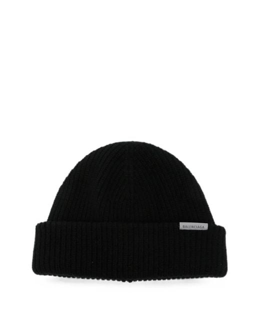 Balenciaga Black Logo-Patch Beanie Hat for men