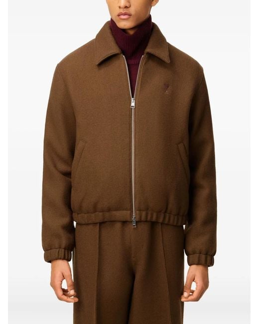 AMI Brown Ami De Coeur Wool Zipped Jacket for men