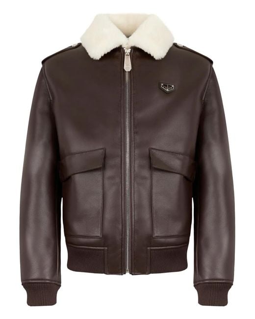 Philipp Plein Brown Eco Shearling Aviator Jacket for men