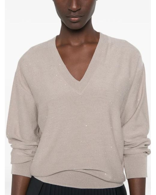 Herno Natural Sequin-Embellished V-Neck Sweater