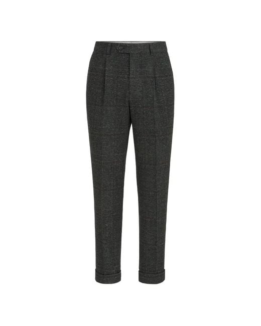 Brunello Cucinelli Black Silk, Wool And Cashmere Prince Of Wales Flannel Trousers With Pleat for men