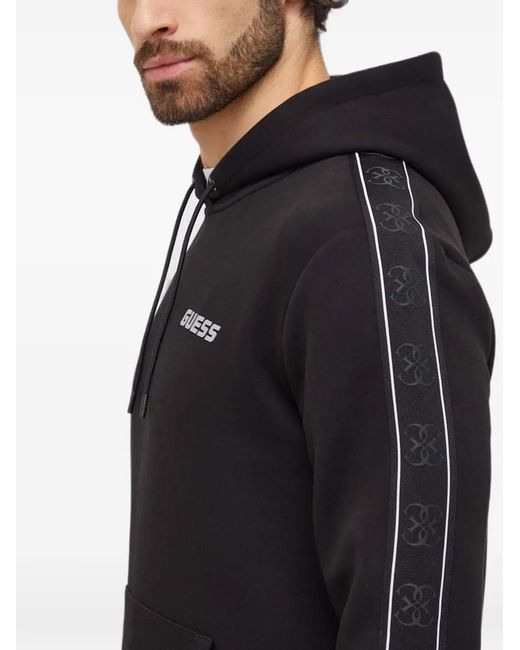 Guess Black Logo-Print Tape-Detail Hoodie for men