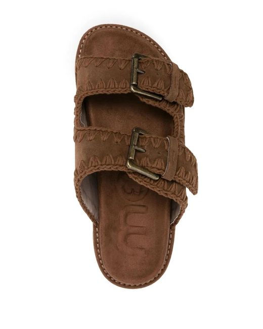 Mou Brown Whipstitch-Trim Suede Slides
